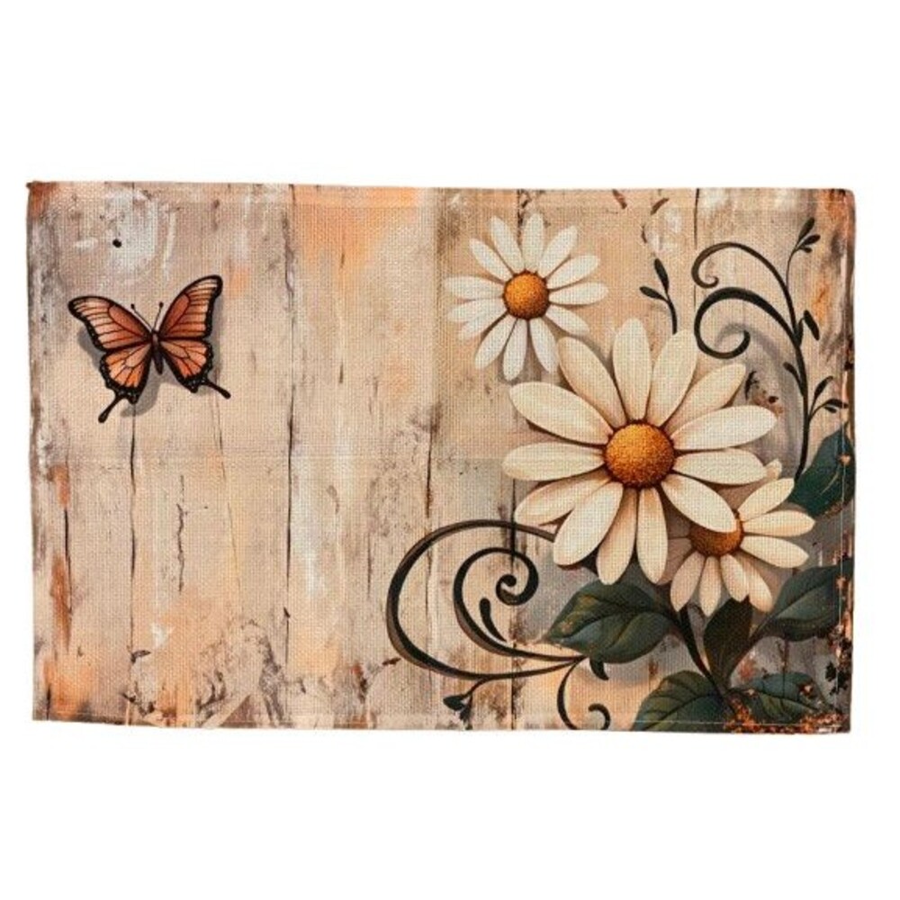 4 Piece Placemat Set 12x18in Woven Polyester Beige Daisy Butterfly